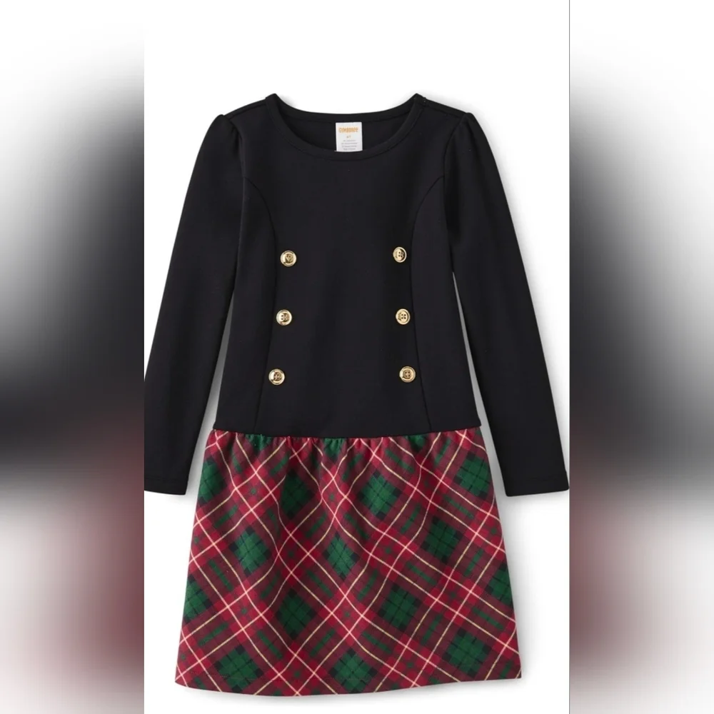 Gymboree Black Top Dress with Red and Green Plaid Skirt and Gold Buttons